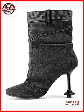 Denim Ankle Booties with Stiletto Heels Square Toe Retro Western Style